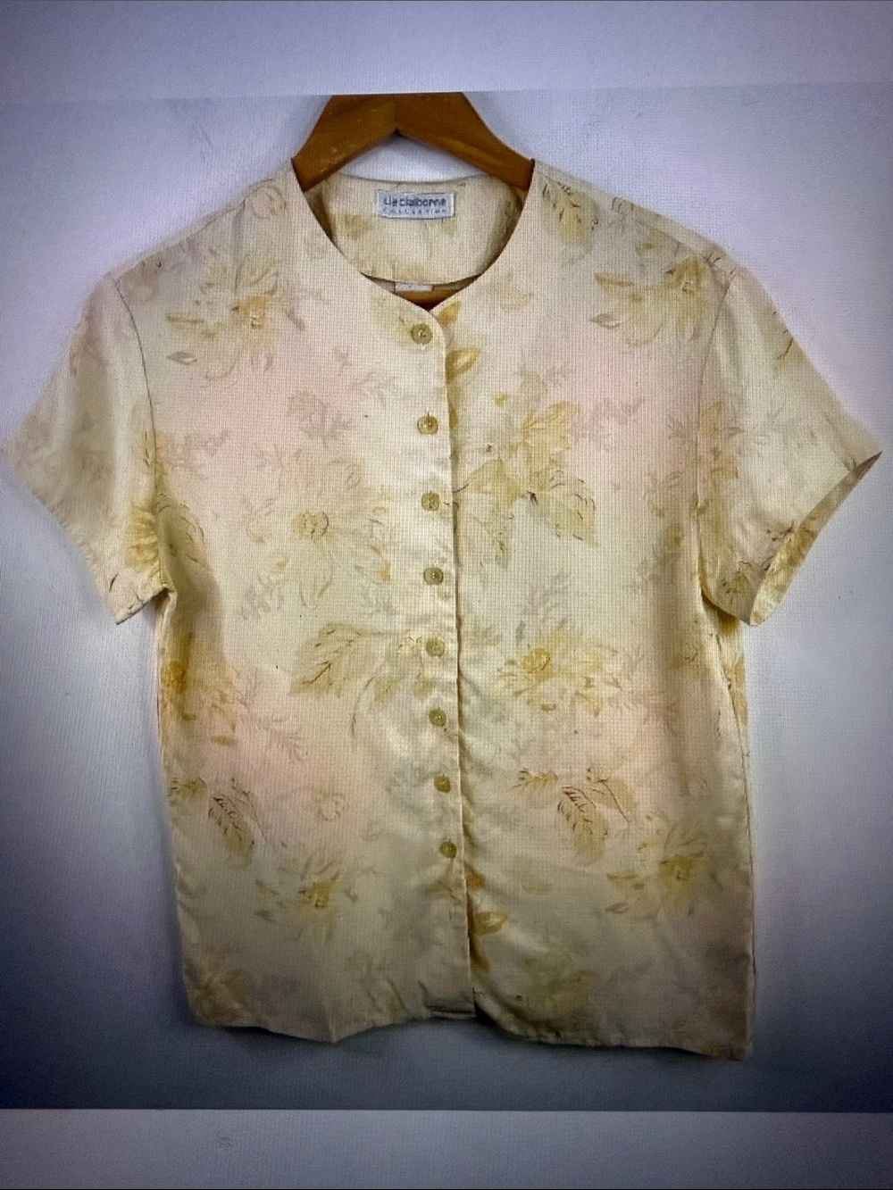 VTG Liz Claiborne Woman Yellow Floral 100% Silk Short Sleeve Button Up Blouse